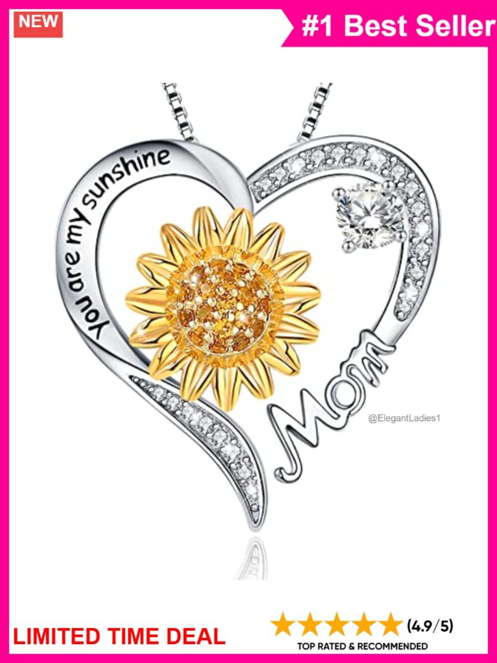 S925 Sterling Silver Sunflower Heart Mom Necklace You Are My Sunshine Gift
